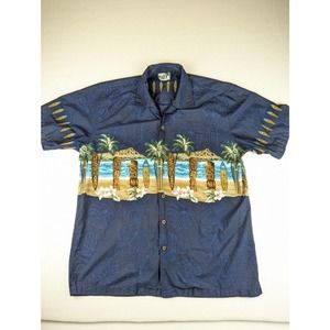 Men’s X-Large Paradise Style Tiki Blue Hawaiian Aloha Shirt Tikis